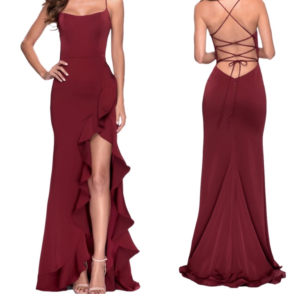 NWT La Femme Flutter Slit Trumpet Gown Wine Burgundy Color